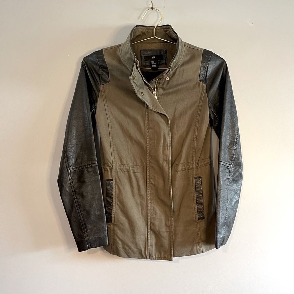 H&M Mixed Media Jacket Faux Leather & Army Green | SZ 2